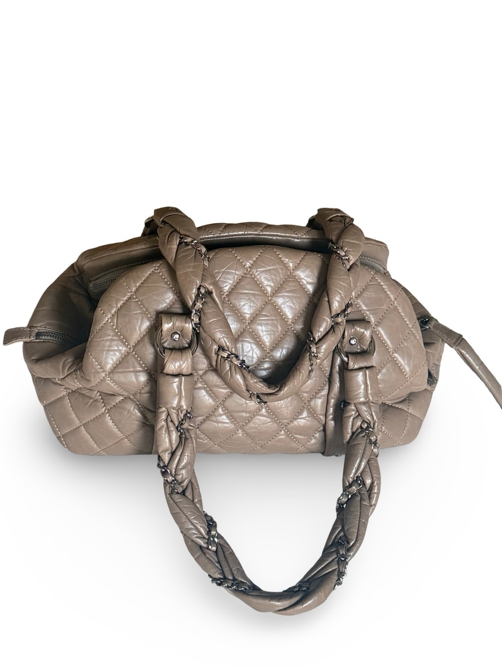 Chanel Lady Braid Bowler Bag  Distressed Lambskin Taupe Quilted Satchel 13” - Picture 7 of 11